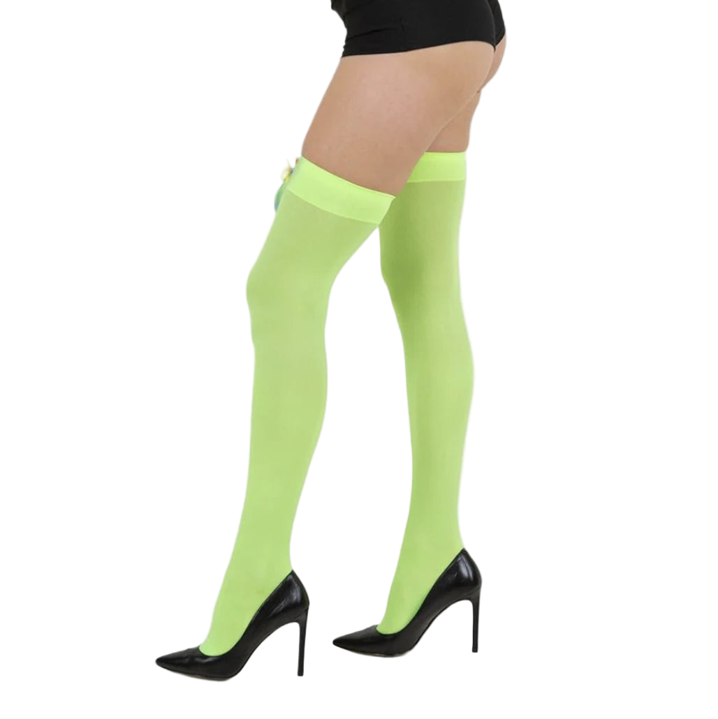Green thigh-high stockings worn with black high heels on a white background