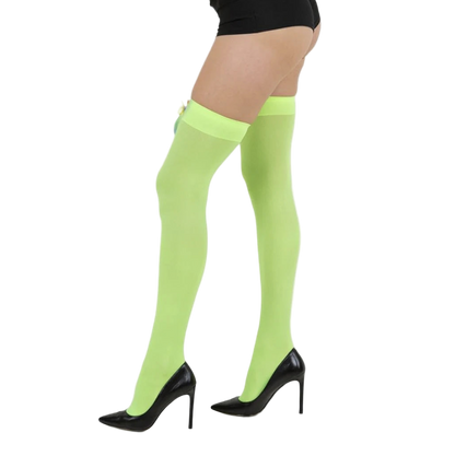 Green thigh-high stockings worn with black high heels on a white background