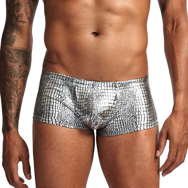 Silver metallic patterned underwear worn by a person on a white background