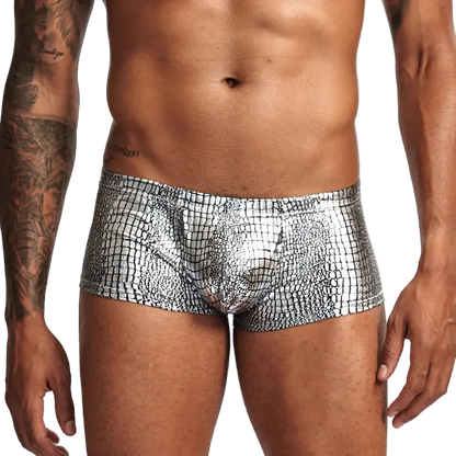 Silver metallic patterned underwear worn by a person on a white background