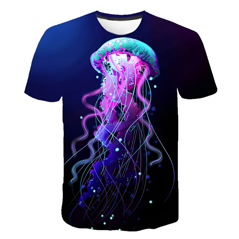 T-shirt with a colorful jellyfish design on a dark background