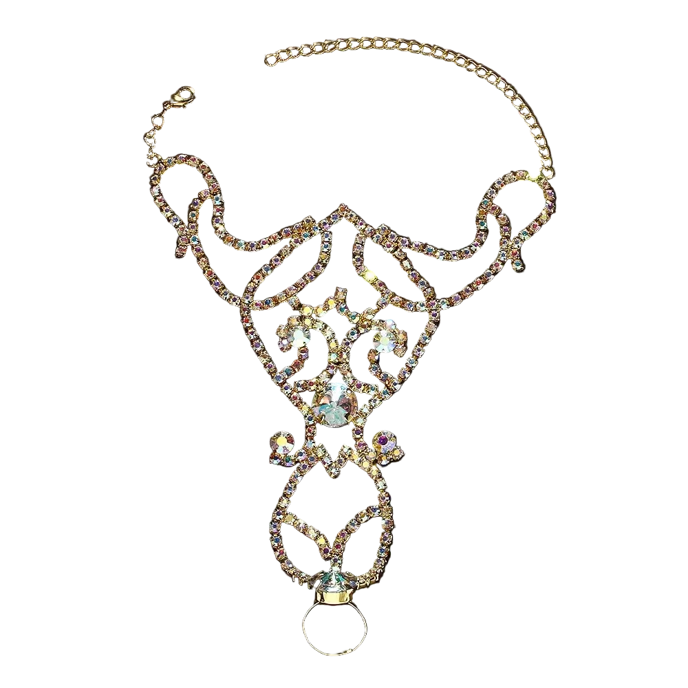Gold-tone filigree collar necklace embellished with clear rhinestones and featuring a large central iridescent crystal, displayed on a dark background.