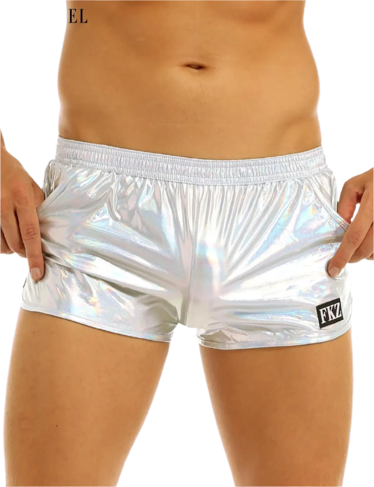 Shiny, reflective shorts with an elastic waistband and a small logo patch, offering a futuristic look.