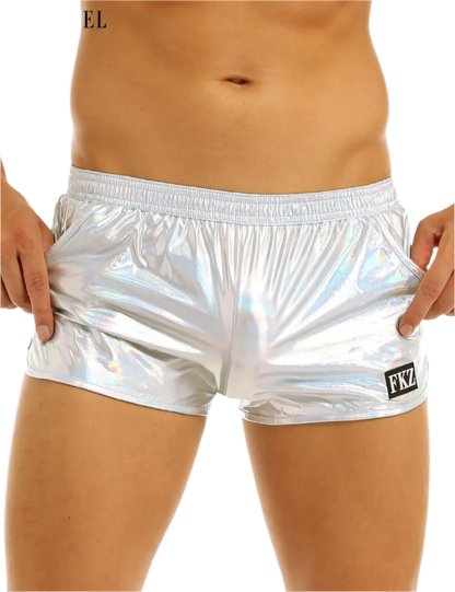 Shiny, reflective shorts with an elastic waistband and a small logo patch, offering a futuristic look.