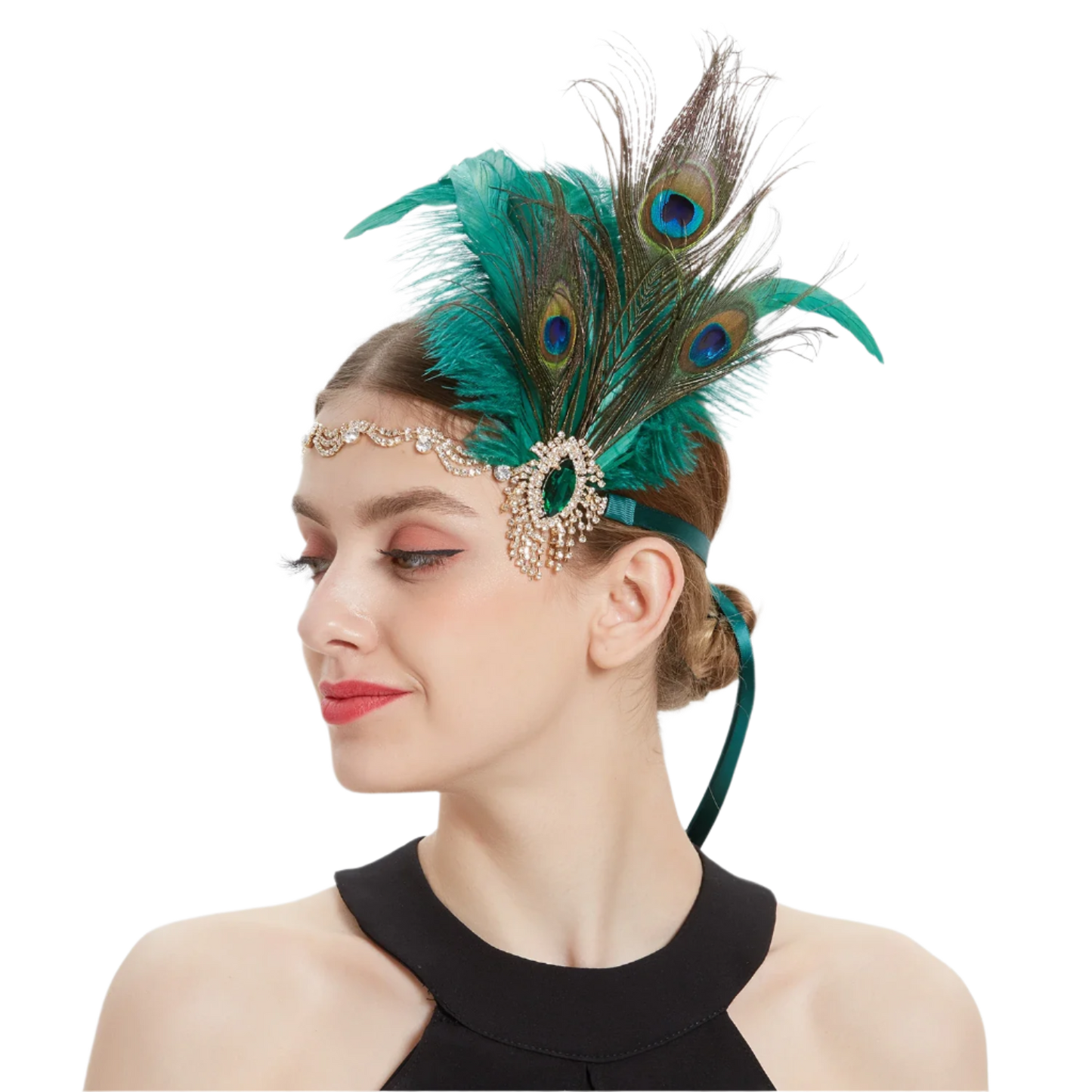 Luxurious peacock feather headband with rhinestones and tassels for exotic Gatsby resort theme nights

