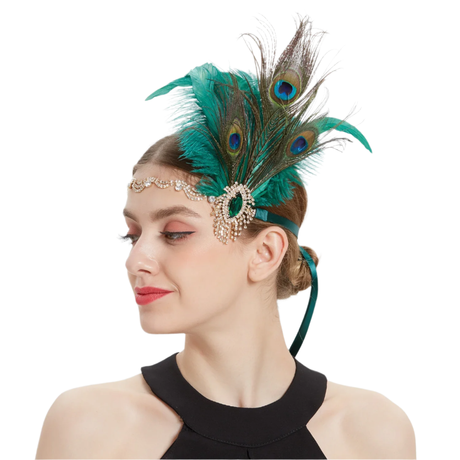 Luxurious peacock feather headband with rhinestones and tassels for exotic Gatsby resort theme nights

