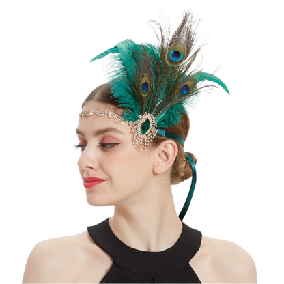 Luxurious peacock feather headband with rhinestones and tassels for exotic Gatsby resort theme nights

