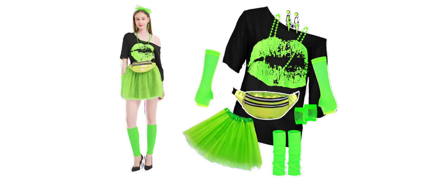 Green outfit with matching accessories on a purple grid background