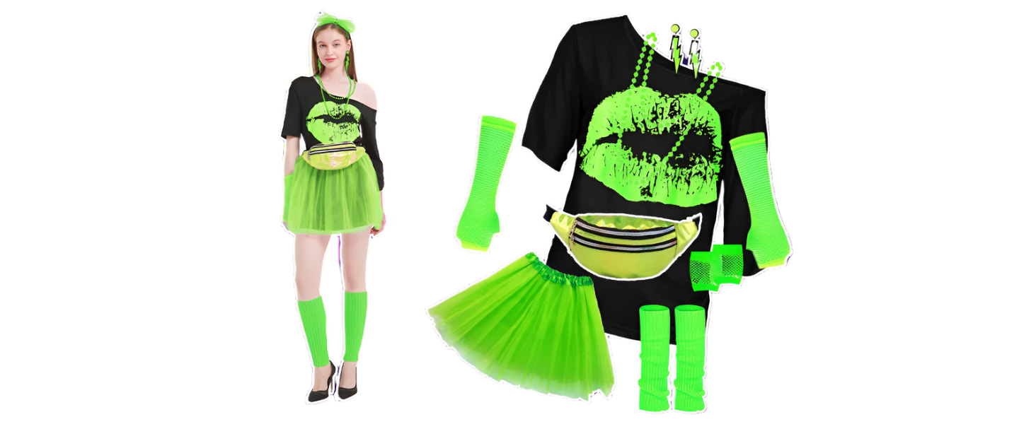 Green outfit with matching accessories on a purple grid background