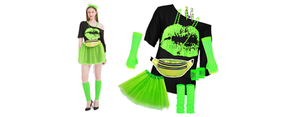 Green outfit with matching accessories on a purple grid background