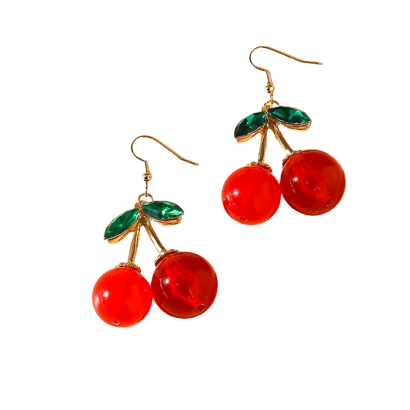 Cherry-themed earrings on a beige background
