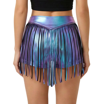 Women Iridescent Metallic Hot Pants with Fringed High Waist Tassel Skirted Shorts Cheeky Shorts Stage Dance Jazz Rock Clubwear