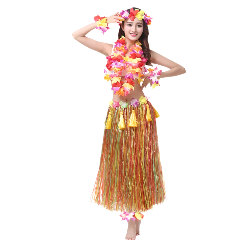 colorful hula outfits. Each ensemble includes a vibrant floral top, matching lei, and a grass skirt in pink, yellow, red, and blue, with floral headpieces and bracelets.