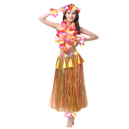 colorful hula outfits. Each ensemble includes a vibrant floral top, matching lei, and a grass skirt in pink, yellow, red, and blue, with floral headpieces and bracelets.