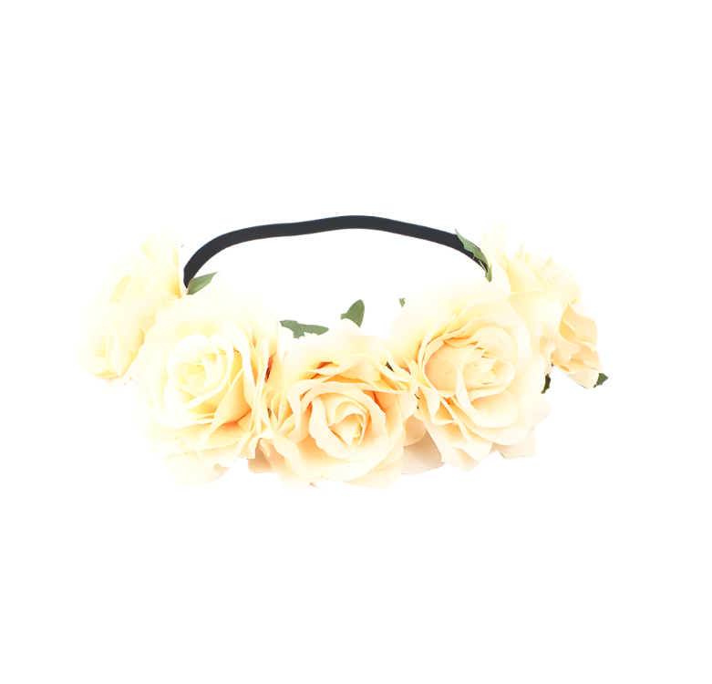 A floral headband featuring large, vibrant roses. The design is bold and romantic, perfect for a bohemian or festival look.