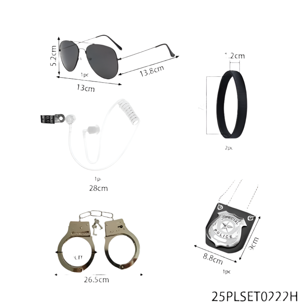 Set of police-themed items with measurements on a white background