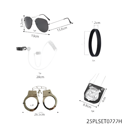 Set of police-themed items with measurements on a white background