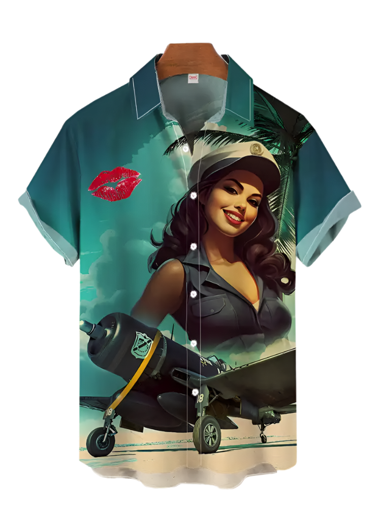 Shirt with a graphic design of a woman in a uniform and airplane on a white background