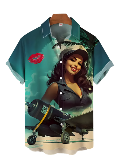 Shirt with a graphic design of a woman in a uniform and airplane on a white background