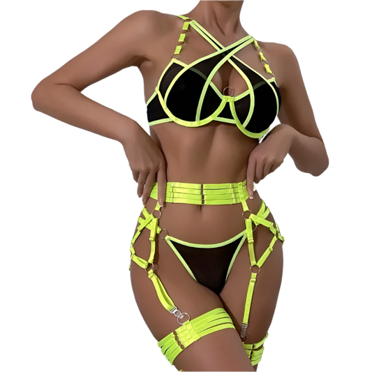 embroidery steel ring bra set with lace mesh webbing hollow waistband hanging design for erotic resort entertainment