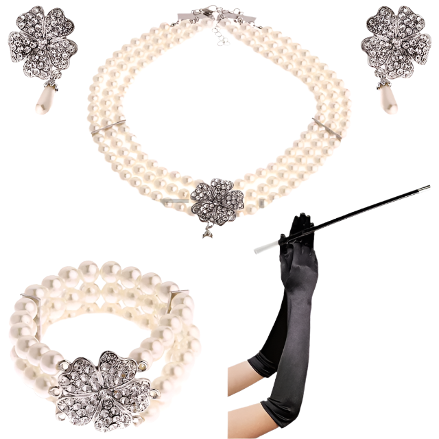 Complete Audrey Hepburn inspired accessory set with pearl necklace, earrings, gloves and cigarette holder for resort theme nights

