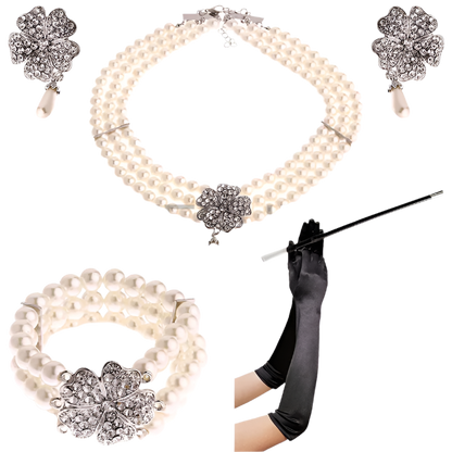 Complete Audrey Hepburn inspired accessory set with pearl necklace, earrings, gloves and cigarette holder for resort theme nights

