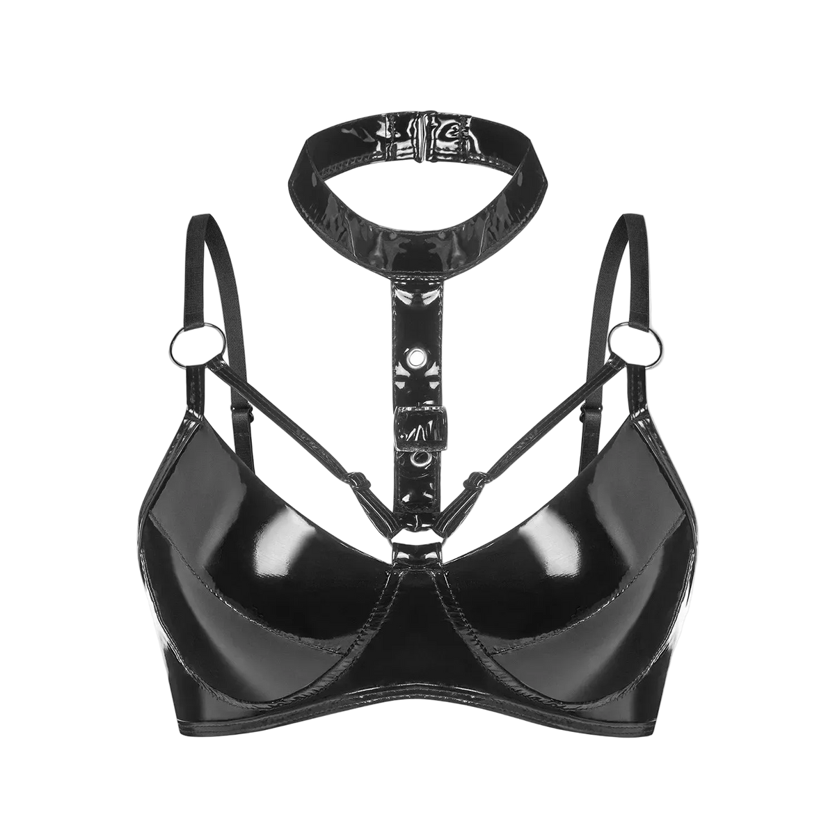 Black patent leather bra with straps on a white background