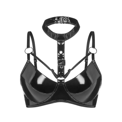 Black patent leather bra with straps on a white background