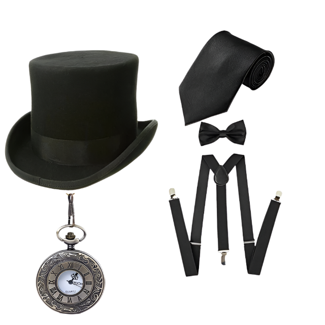 5-piece men's Gatsby accessories set featuring Fedora hat, suspenders, armbands and bow tie for resort theme nights

