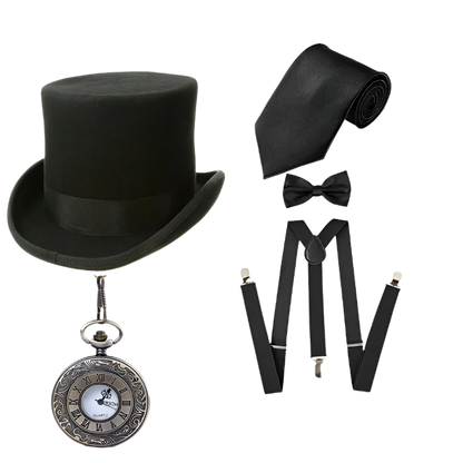 5-piece men's Gatsby accessories set featuring Fedora hat, suspenders, armbands and bow tie for resort theme nights

