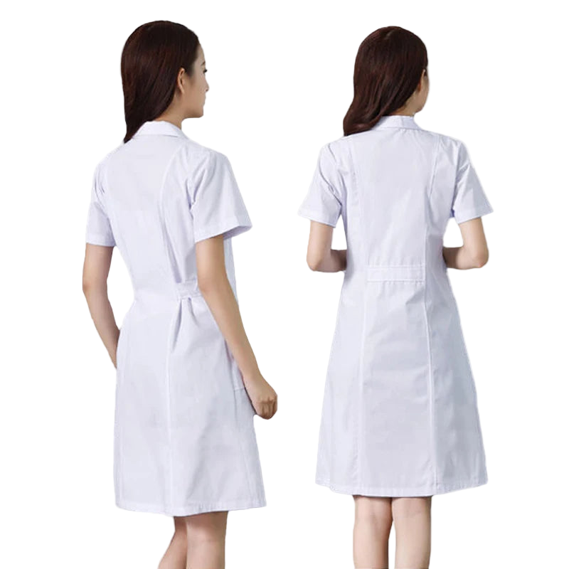 White medical scrub dress shown from front and back on a white background