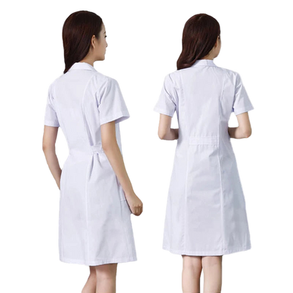 White medical scrub dress shown from front and back on a white background