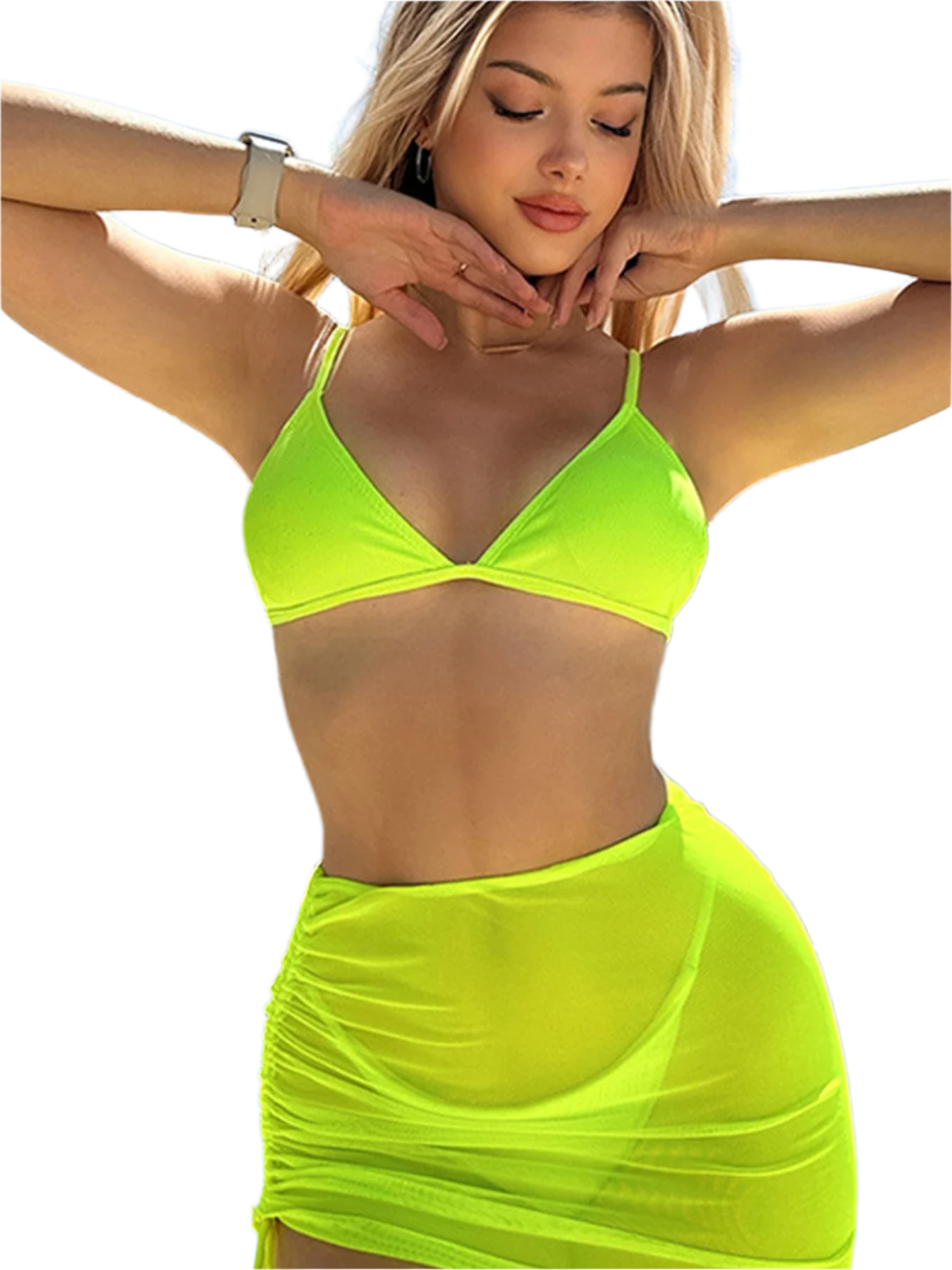 A bright neon green bikini set with a simple triangle top and matching high-waisted bottom. The design is bold and eye-catching.