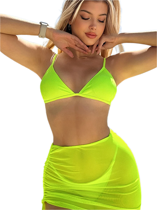 A bright neon green bikini set with a simple triangle top and matching high-waisted bottom. The design is bold and eye-catching.