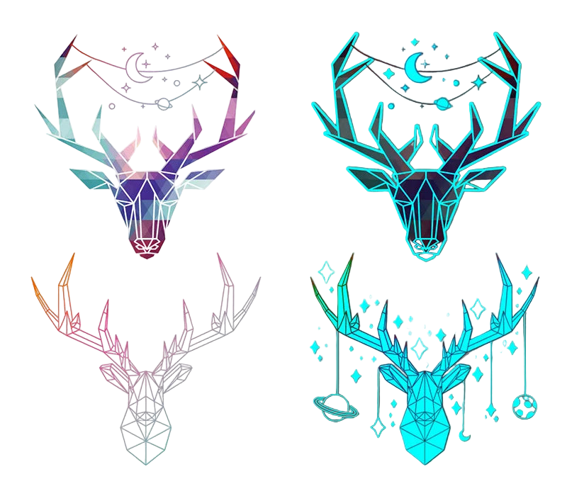 Geometric deer head tattoos in different styles on a white and gray background.
