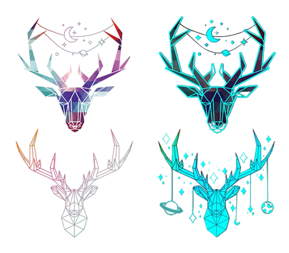 Geometric deer head tattoos in different styles on a white and gray background.