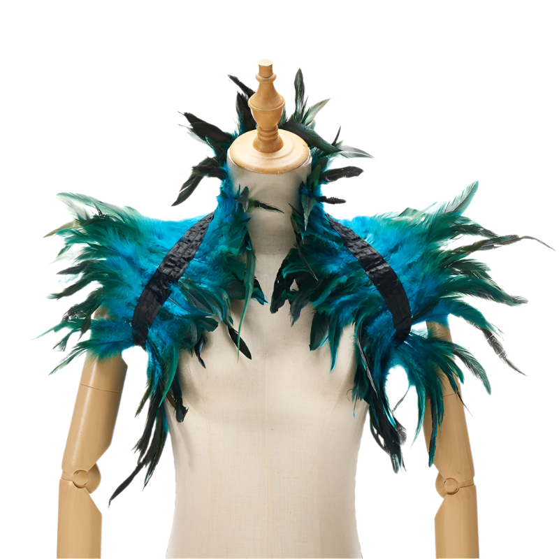  Feather Shoulder Piece: A vibrant feather shoulder piece displayed on a mannequin, with black accents and a striking, textured design.