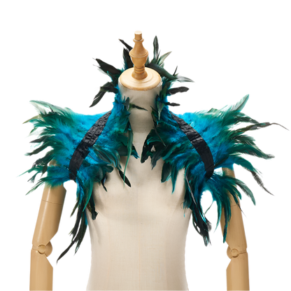  Feather Shoulder Piece: A vibrant feather shoulder piece displayed on a mannequin, with black accents and a striking, textured design.