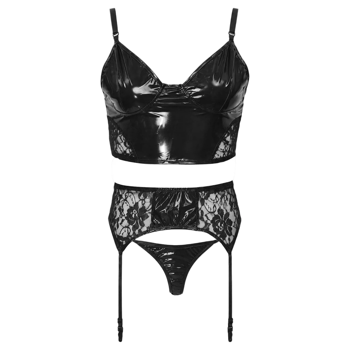 A black two-piece lingerie set featuring a glossy patent leather and floral lace crop top with underwire cups, paired with matching high-waisted lace garter panties with thigh straps and a small glossy lace thong, shown on a plain white background.