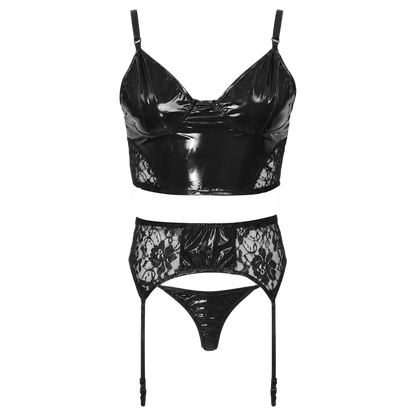 A black two-piece lingerie set featuring a glossy patent leather and floral lace crop top with underwire cups, paired with matching high-waisted lace garter panties with thigh straps and a small glossy lace thong, shown on a plain white background.