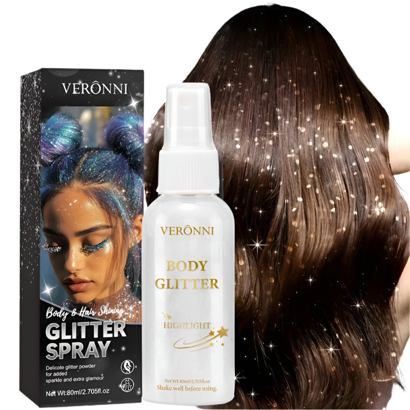 Veronni body and hair shining glitter spray with packaging and a woman with glittery hair.