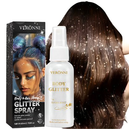 Veronni body and hair shining glitter spray with packaging and a woman with glittery hair.