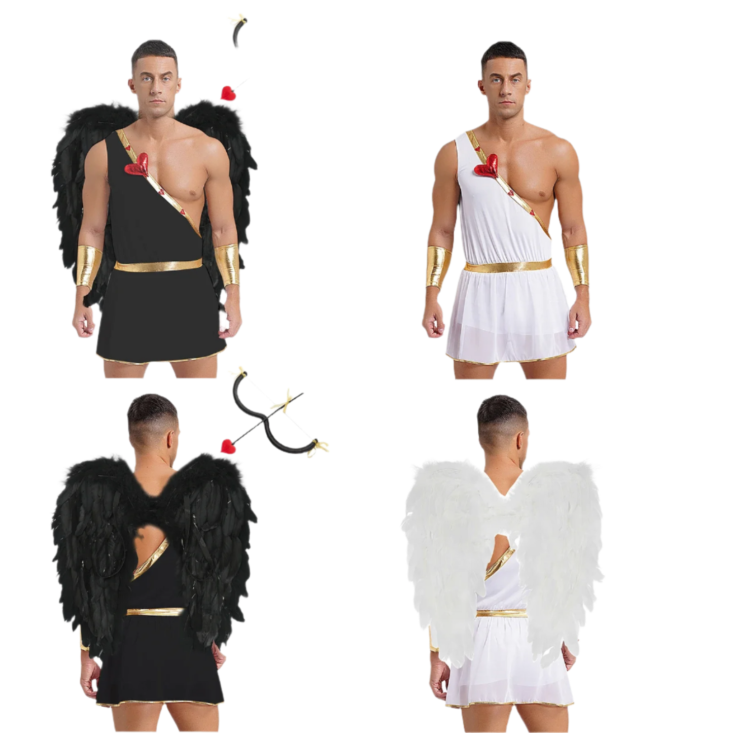 Cupid toga-style costume with gold accessories, black wings, and heart-shaped glasses