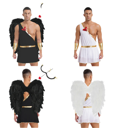 Cupid toga-style costume with gold accessories, black wings, and heart-shaped glasses