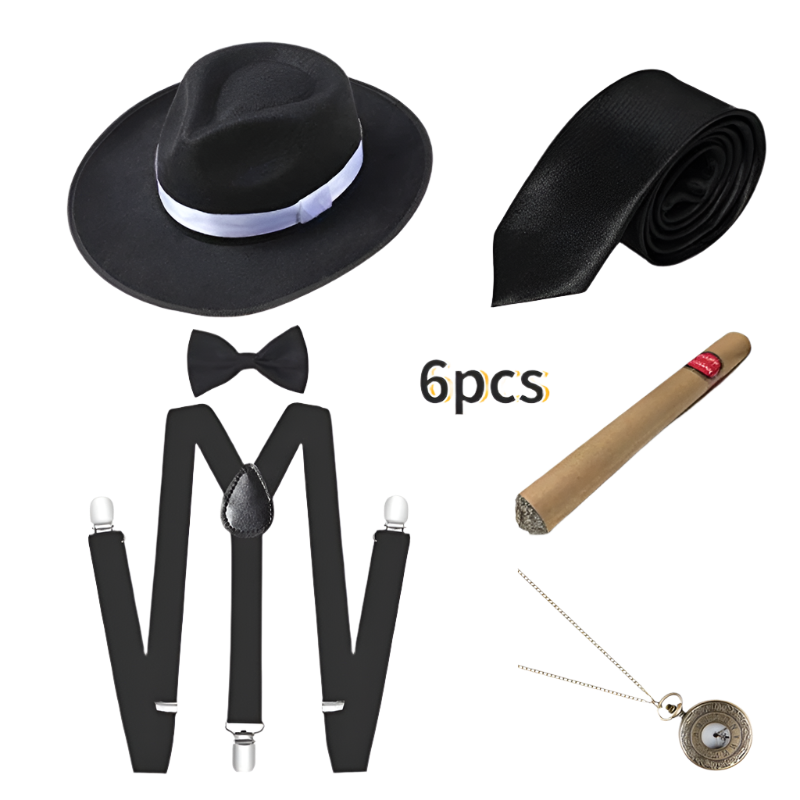 Men's Roaring 20s Gatsby accessories set with retro gangster style for resort theme nights

