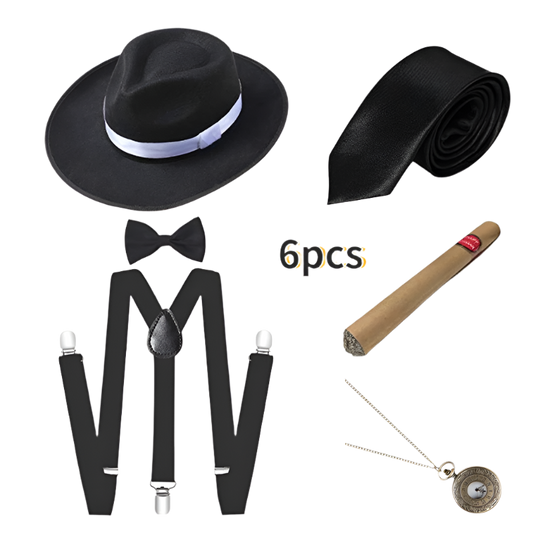 Men's Roaring 20s Gatsby accessories set with retro gangster style for resort theme nights

