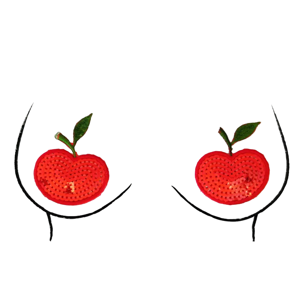 Illustration of breasts with red apples on a white background