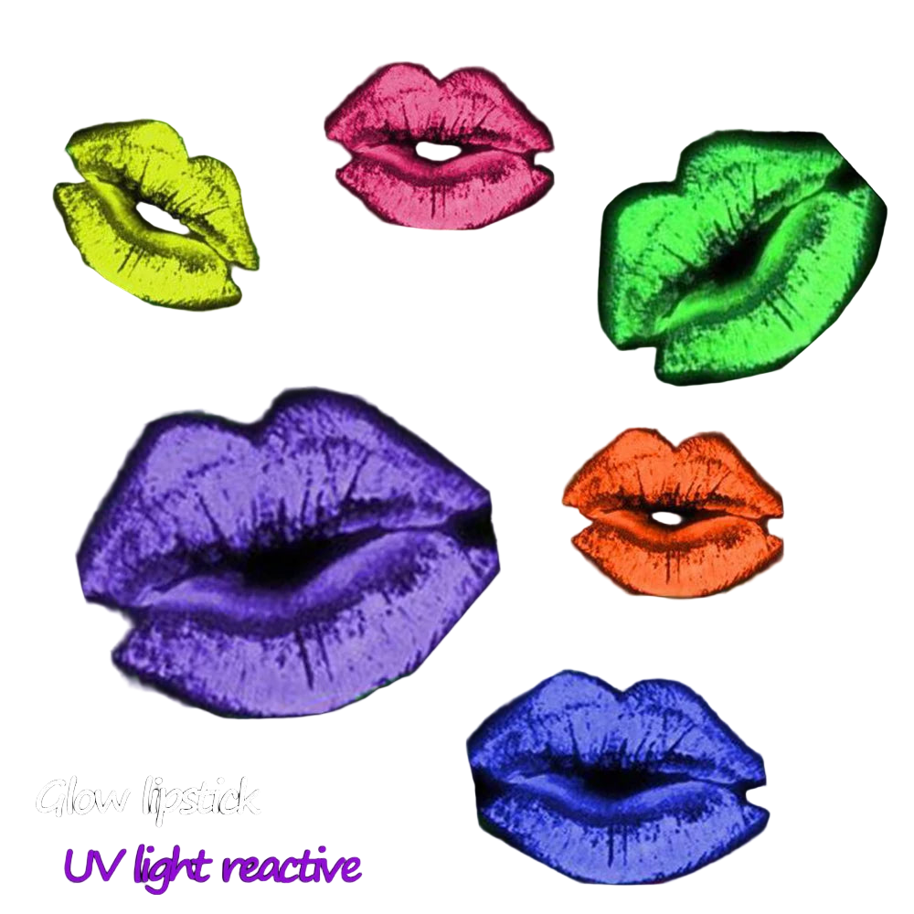 Glow lipstick designs in various colors on a black background with 'Glow lipstick UV light reactive' text.