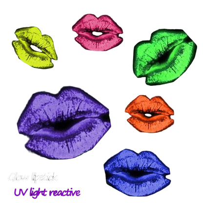 Glow lipstick designs in various colors on a black background with 'Glow lipstick UV light reactive' text.