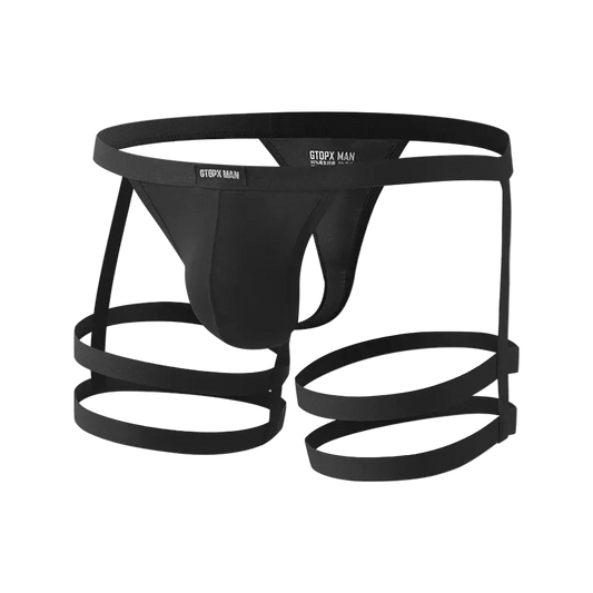 Black men's underwear with g-strings on a white background